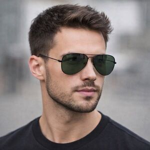 Men’s Aviator Sunglasses Green Glass Lenses Black Metal Pilot Style